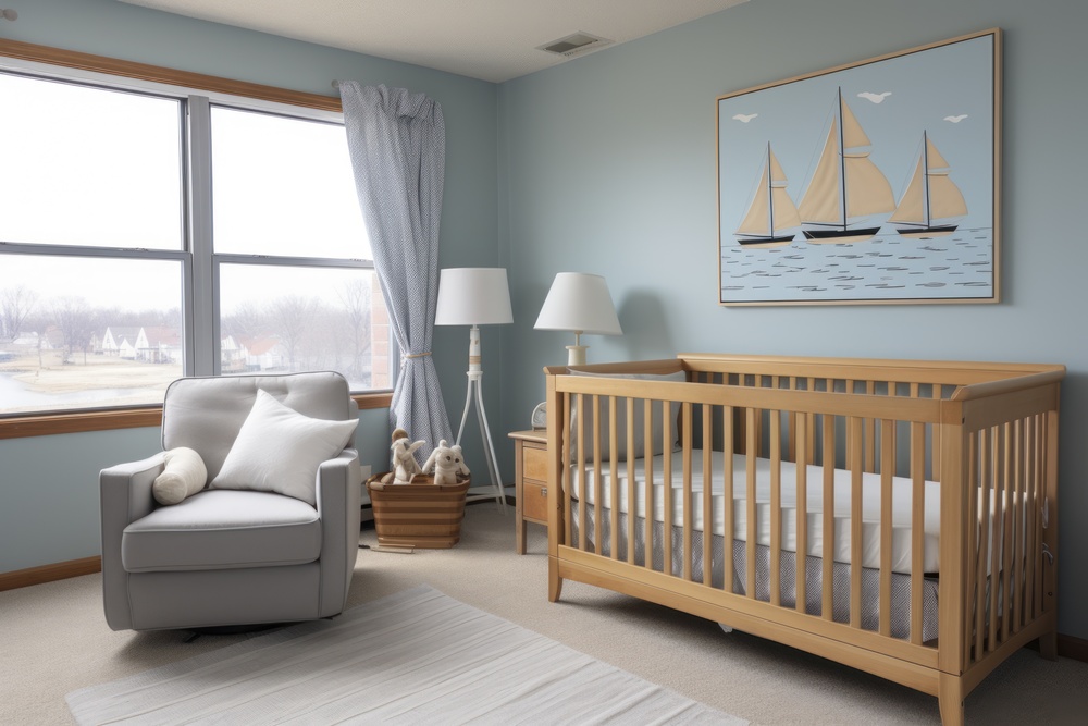 Habitación infantil con cuna convertible en madera clara, silla reclinable y decoración náutica en tonos suaves de azul y beige, ofreciendo un ambiente acogedor y funcional.